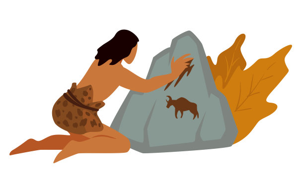 山顶洞人画野牛在岩石与油漆矢量图片下载