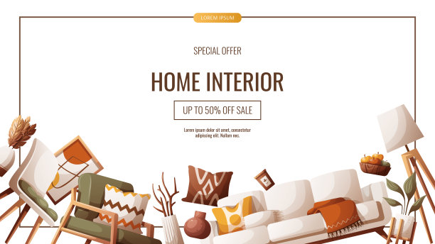 横幅设计与舒适的沙发，扶手椅，椅子，室内装饰元素。图片下载