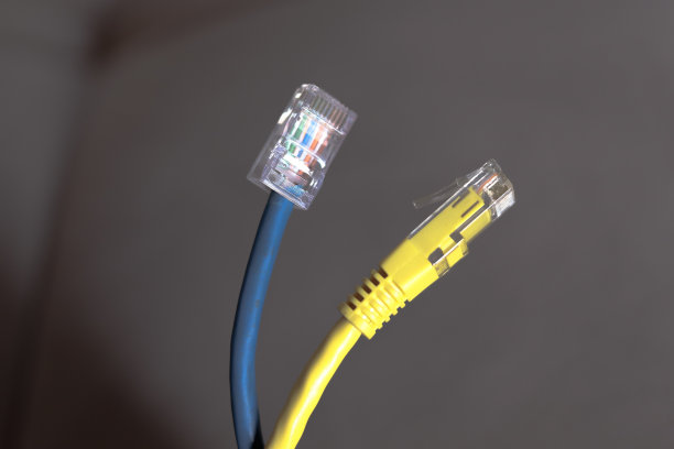 在这张照片中，有两根互联网网线，一根是蓝色的，一根是黄色的图片下载