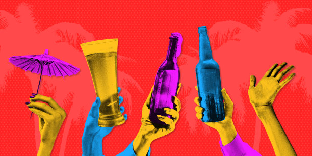 当代艺术拼贴。色彩鲜艳的饮料在生动的手中，热带的背景。纹理织物效果。图片下载