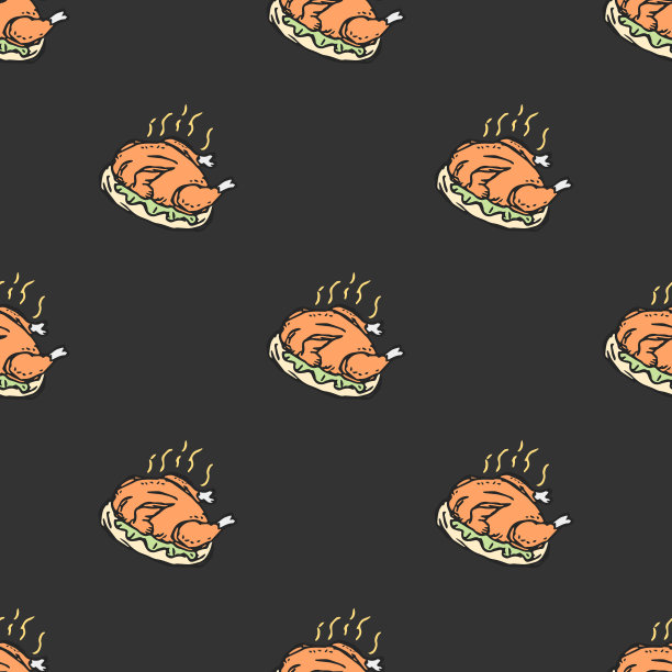 无缝烤火鸡图案。绘制烤火鸡背景。涂鸦手绘火鸡插图图片下载