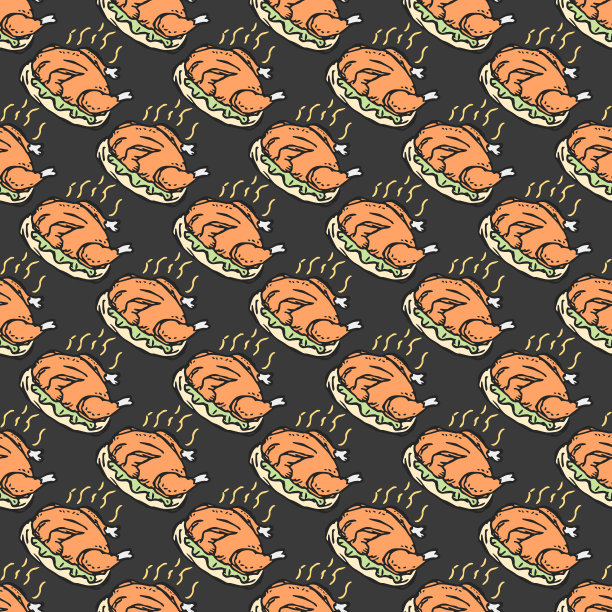 无缝烤火鸡图案。绘制烤火鸡背景。涂鸦手绘火鸡插图图片下载