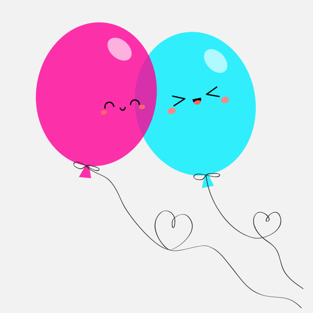 蓝色和粉红色的气球集与心线。两个可爱的气球恋爱了。情人节快乐，爱情贺卡。卡通卡哇伊微笑的婴儿角色。平面设计。白色背景。孤立。图片下载