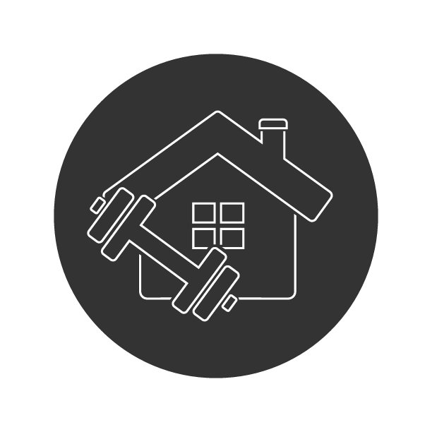 健身在家里矢量线图标。健身房健身说明标志。健身屋标志。训练体育运动标志图片下载