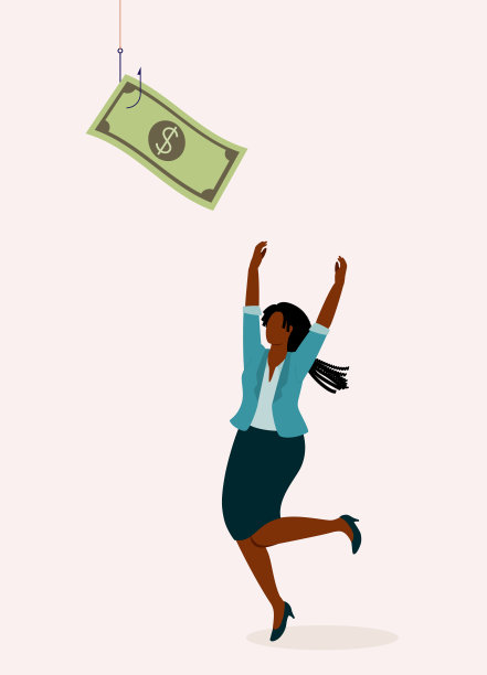 金钱诈骗的概念。拿着鱼钩追逐金钱的黑人女商人。钓鱼钩上的钱。图片下载