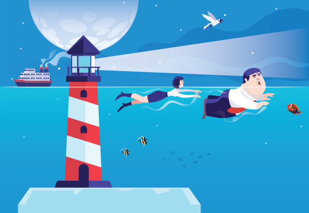 一对情侣游泳，被下沉的灯塔指引方向图片下载