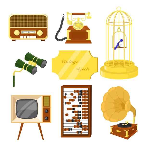 一套卡通风格的复古物件。矢量插图的各种复古物品:旧收音机，电话，双筒望远镜，金笼子与鹦鹉，旧电视，木制会计算盘，留声机。图片下载