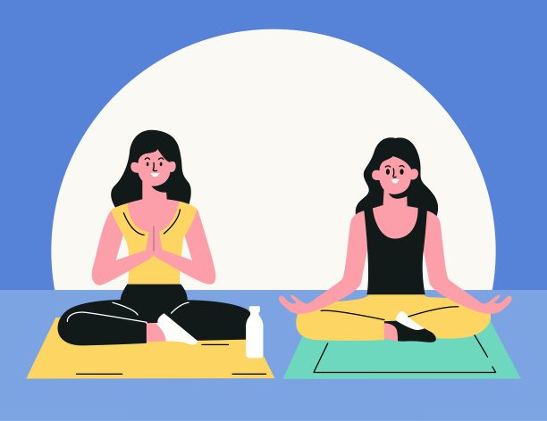 瑜伽课程插画：两名女子在瑜伽垫上练习瑜伽图片下载