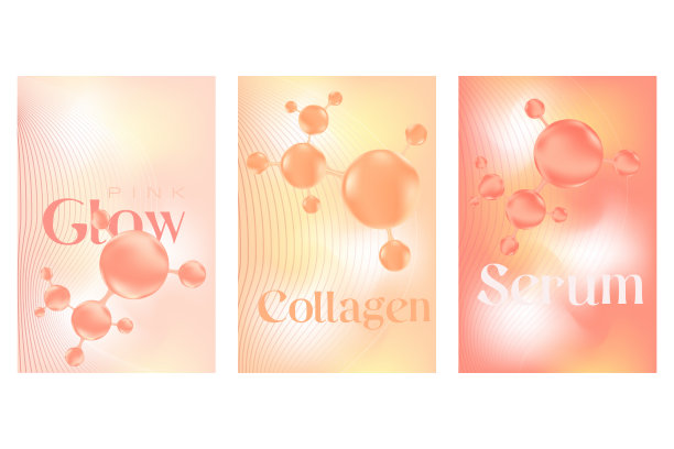 浅粉色、黄色、桃色胶原蛋白肽或透明质酸分子海报套装，血清化学式。美容护理营养护肤背景与复制空间。美与科学图片下载