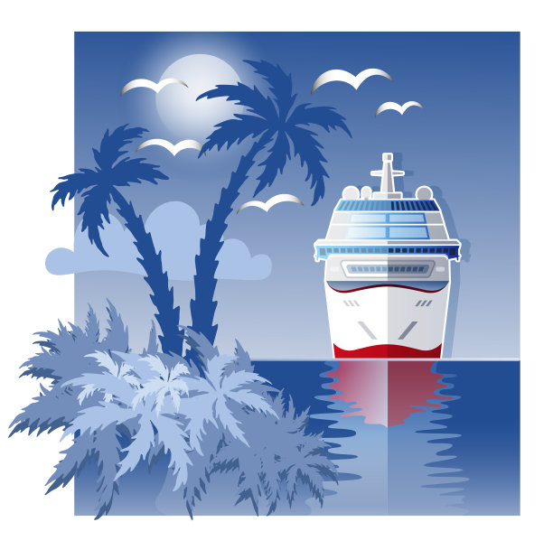 大型现代游轮与月亮棕榈树和海浪插图图片下载