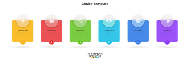 商业模式与6张牌后面的半透明圆圈放置在水平行。创业项目六个特征的概念。最小的信息图表设计模板。现代平面矢量插图。图片下载