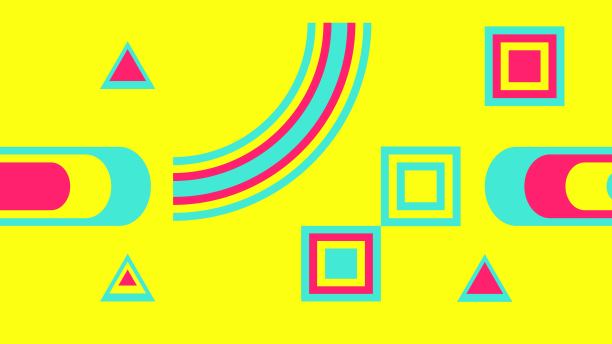 抽象几何无缝设计。抽象的几何图案创建明亮的黄色，蓝色和粉红色的线条，三角形和矩形的颜色。图片下载