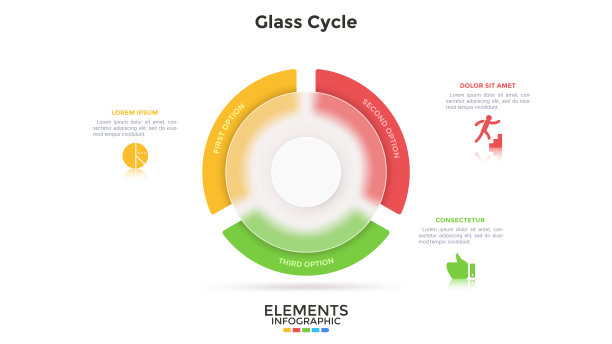 圆形玻璃半透明元素后面的饼状图分为3个扇区。透明生产周期的三个阶段概念。简单的信息图表设计模板。现代平面矢量插图。图片下载