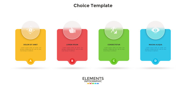 商业模式与4张牌后面的半透明圆圈放置在水平行。创业项目四个特征的概念。最小的信息图表设计模板。现代平面矢量插图。图片下载