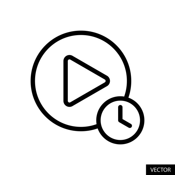 播放按钮在圆形与时钟标志，播放时间矢量图标在白色背景上孤立的线条风格设计。可编辑的中风。图片下载