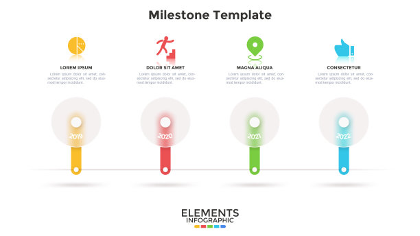 时间轴有4个元素在半透明的圆圈后面，放置在水平行中。公司发展的四个里程碑概念。最小的信息图表设计模板。现代平面矢量插图。图片下载