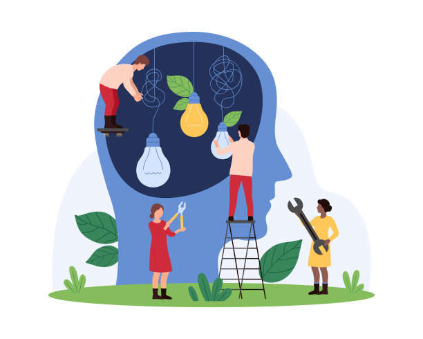 解决问题的创意，微小的人修复人类大脑中黑暗破碎的灯泡图片下载