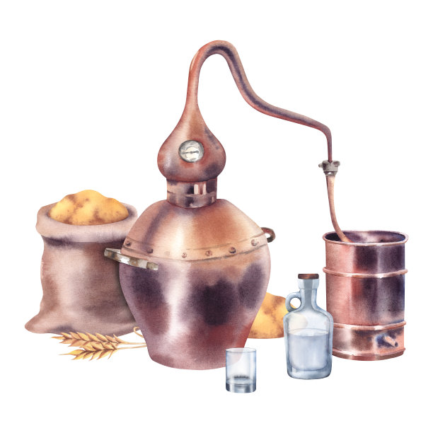 水彩月光依旧。阿兰比克用于生产酒精、威士忌、杜松子酒。铜制蒸馏器。复古手绘插图。葡萄酒饮料的生产。图片下载