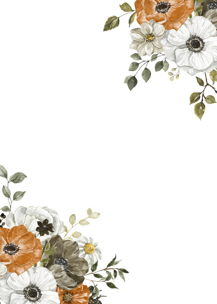 花的边界与铁锈，棕色和白色的花朵和树叶。秋季植物矩形框架。水彩手绘插画。图片下载
