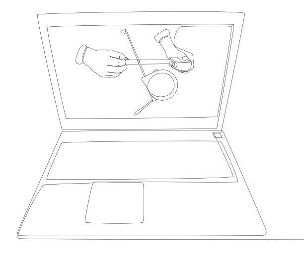 一条连续的笔记本电脑线，用尺子胶带。细线插图矢量概念。轮廓画创意。图片下载