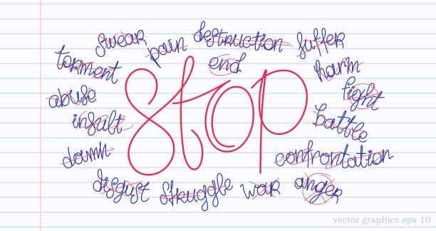 停止仇恨和邪恶。一组划掉的消极的和攻击性的词汇和概念。手写矢量设计元素图片下载