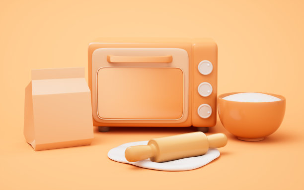 卡通风格的厨房烤箱和面粉，3d渲染。图片下载