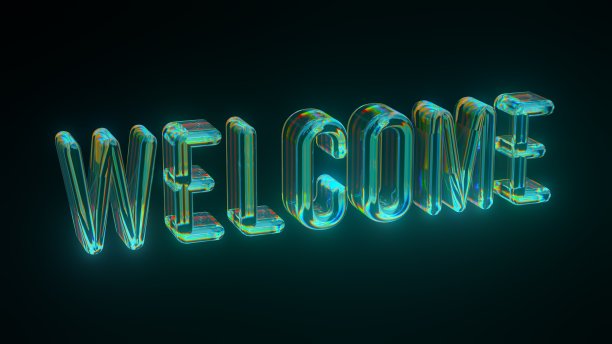 蓝绿色发光发光欢迎3D文本渲染与玻璃色散纹理效果图片下载