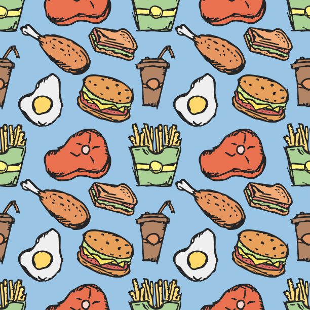 无缝的美国食物模式。用美国食物图标涂鸦插图。快餐背景图片下载