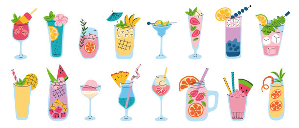 矢量插图集柠檬水，鸡尾酒，无酒精鸡尾酒与各种口味的聚会，夏季饮料与西瓜，草莓，冰饮料与黄瓜和芒果图片下载