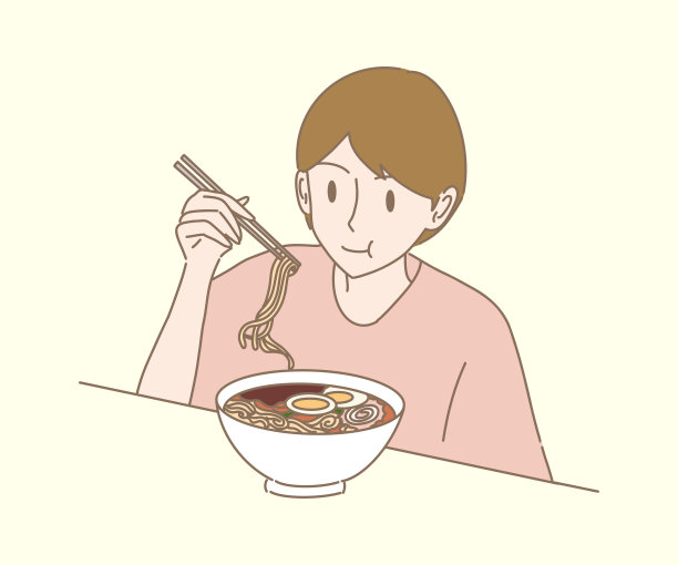 年轻人用筷子吃拉面汤。手绘平面卡通人物矢量插图。图片下载