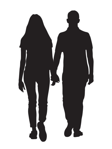 男人和女人手牵着手走开的剪影。后面的观点。黑色矢量插图隔离在白色背景。图片下载