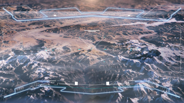 HUD鸟瞰图科幻景观飞越山与UI扫描界面军事武器概念插图。图片下载