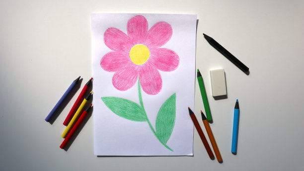 一个孩子用彩色铅笔画画的照片。画一朵花。铅笔在附近。白色背景。图片下载