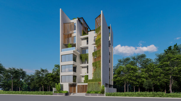 现代住宅建筑三维建模和渲染蓝色背景天空景观自然友好建设图片下载