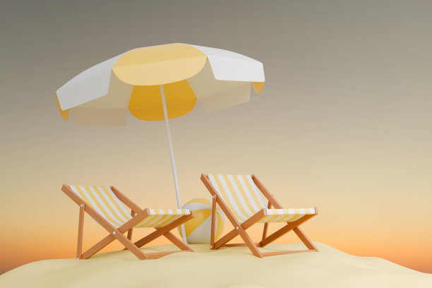 度假海滩景观与沙滩椅，大海，黄伞与球在日落的元素。3 d演示。图片下载