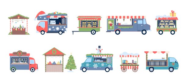 圣诞市场摊位。平坦的户外商店和摊位。新年和冬季假期木制摊位与食品，饮料的礼物，最近的向量集图片下载