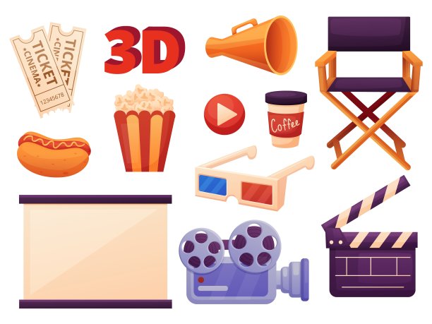 电影卡通布景。导演椅子3d电影眼镜相机和拍手。电影拍摄配件及技术。快餐热狗咖啡现在向量集图片下载