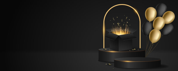 豪华的3d讲台与开放的礼盒与黄金射线。飞着黑色和金色的节日气球。闪亮的金色弧形底座，适合生日或黑色星期五销售。假期的场景。向量图片下载