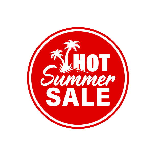 炎热的夏季销售徽章，邮票，印记，标签，贴纸与棕榈树，沙子和炎热的夏季销售字母图片下载