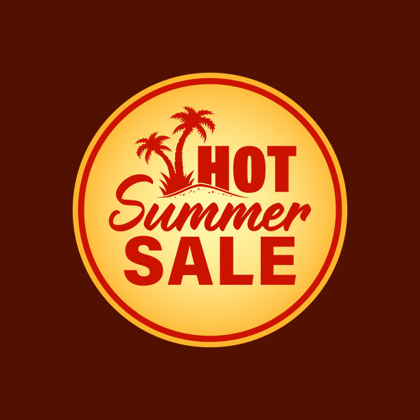 炎热的夏季销售徽章，邮票，印记，标签，贴纸与棕榈树，沙子和炎热的夏季销售字母图片下载