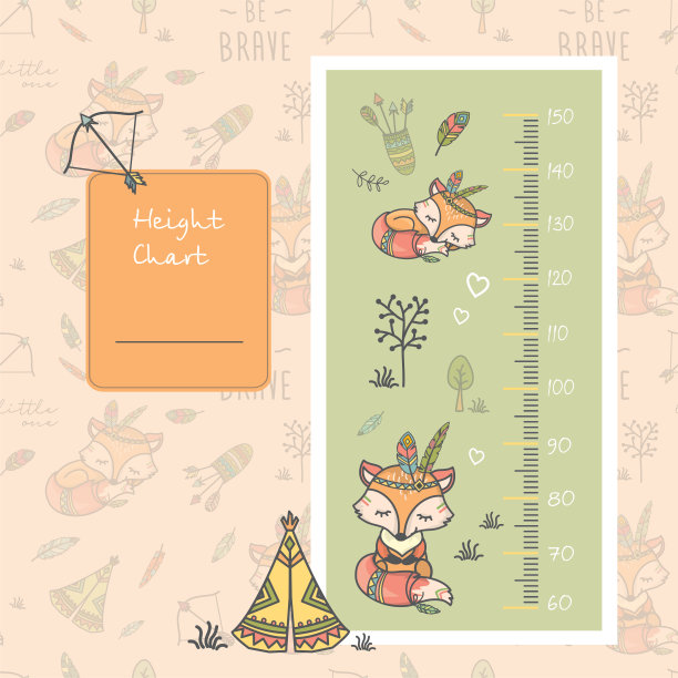儿童身高福克斯图。用厘米表示的刻度或米。身体生长发育，测量。手绘涂鸦设计，墙上的海报为学龄前儿童的房间。图片下载