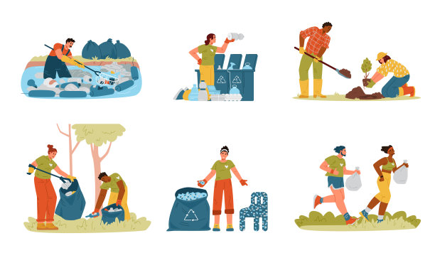 生态志愿者平面矢量插图设置孤立的白色。人们清洁河流和森林，植树，分类垃圾，用回收塑料制作家具，伐木。图片下载