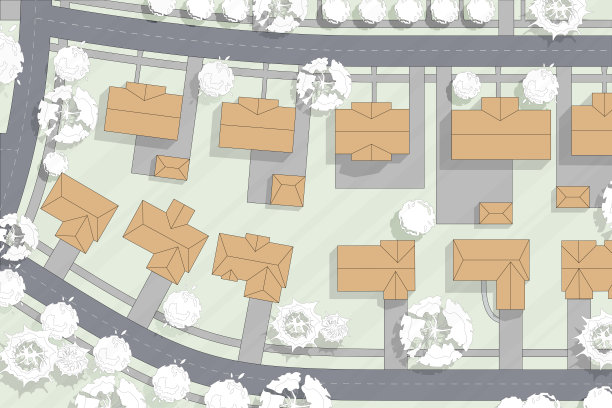 城市的俯视图。城镇或村庄的平面图，有房子，屋顶，公园。从空中俯瞰城市景观。背景城镇地图矢量景观设计方案。非常详细的国家地图插图图片下载