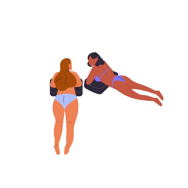 穿着比基尼的女孩躺在游泳池里的充气枕头上。朋友聊天，一起晒日光浴，一起放松。人们在暑假休息。平面隔离矢量插图上的白色背景图片下载