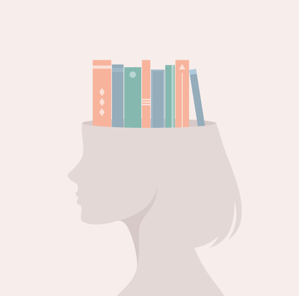 一个脑袋里塞着书的女人的侧面剪影。平面矢量图图片下载