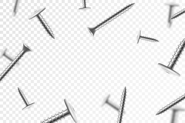 飞金属螺丝和螺栓，在透明背景上隔离。许多银色掉落的螺丝钉。?施工、维修工具。钢铬钉，灰色仪器极简概念。图片下载