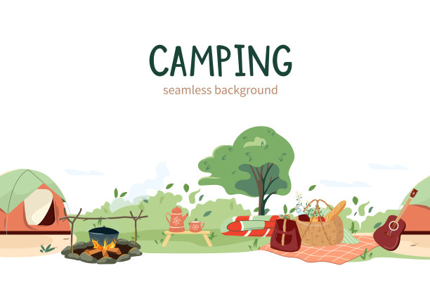 矢量夏季露营野餐边界。手绘水平无缝图案，柴火大锅露营烹饪，家具，户外休闲帐篷。非常适合纺织品，横幅，壁纸图片下载