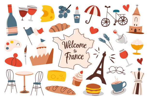法国符号集合，欢迎来到法国字母，国家地图，埃菲尔铁塔，羊角面包，咖啡馆图标，法国国旗和巴黎地标的矢量插图，在欧洲旅行简单可爱的涂鸦图片下载