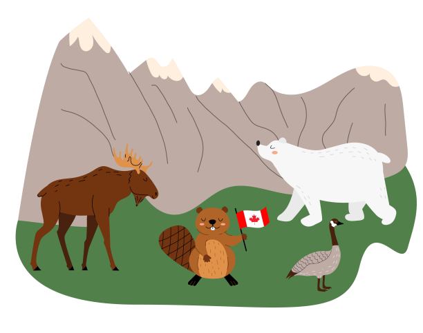 可爱的加拿大动物在山地景观背景。驼鹿，海狸，加拿大鹅，北极熊，加拿大国旗。矢量插图在平面风格。图片下载