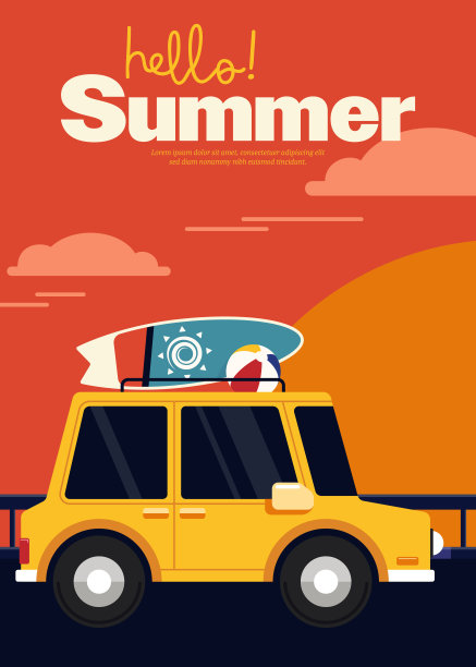 夏季旅游概念以汽车上的道路和戏剧性的天空景观平坦的设计风格图片下载